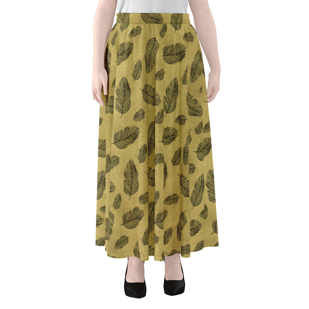 Black And Gold Feather Pattern Print Chiffon Maxi Skirt