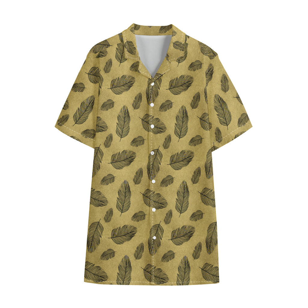 Black And Gold Feather Pattern Print Cotton Hawaiian Shirt