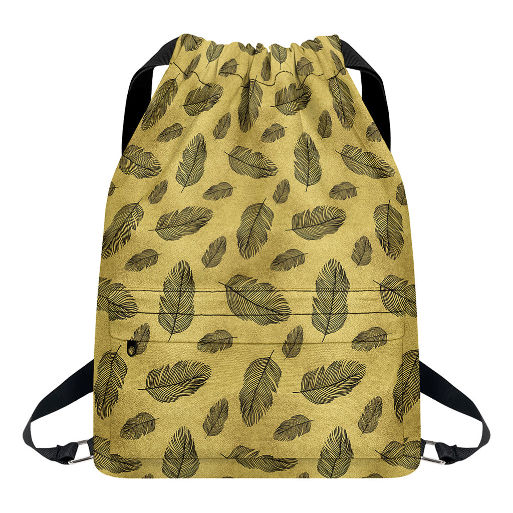 Black And Gold Feather Pattern Print Drawstring Backpack