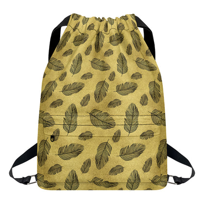 Black And Gold Feather Pattern Print Drawstring Backpack