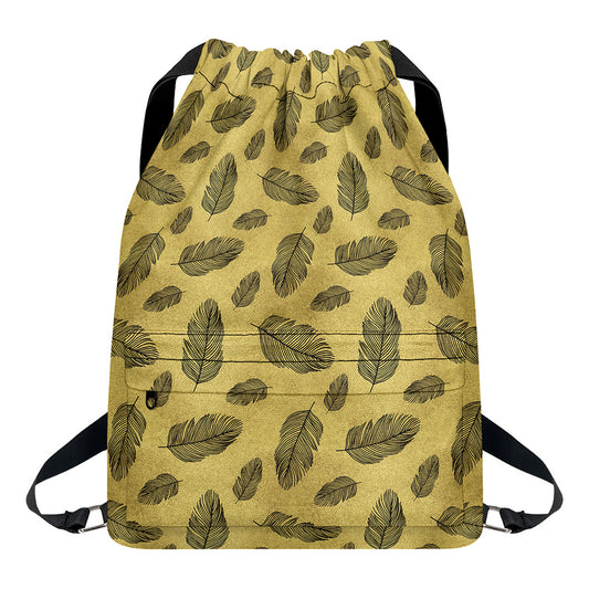 Black And Gold Feather Pattern Print Drawstring Backpack