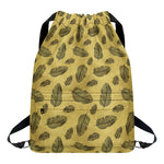 Black And Gold Feather Pattern Print Drawstring Backpack