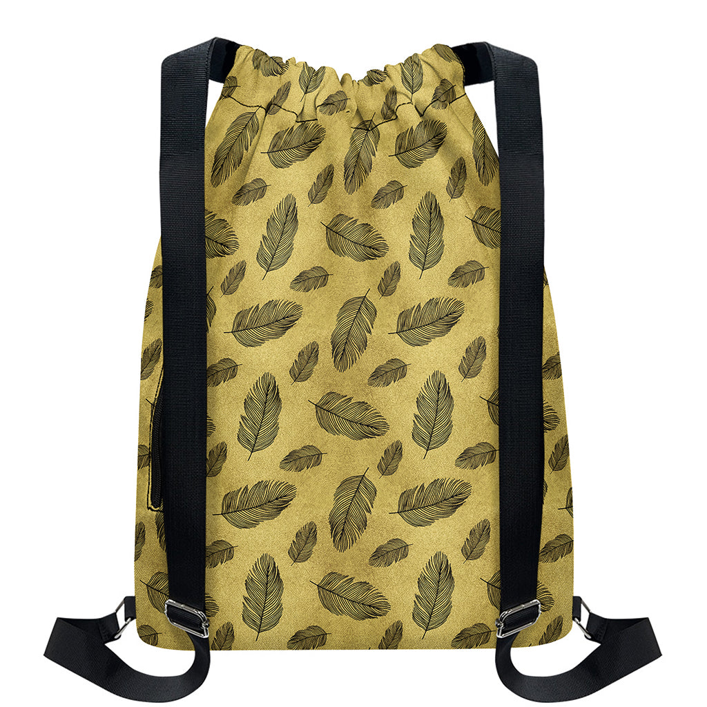Black And Gold Feather Pattern Print Drawstring Backpack
