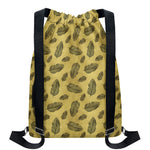 Black And Gold Feather Pattern Print Drawstring Backpack
