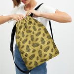Black And Gold Feather Pattern Print Drawstring Backpack