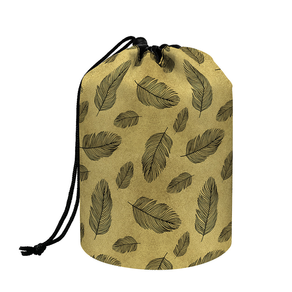 Black And Gold Feather Pattern Print Drawstring Makeup Bag