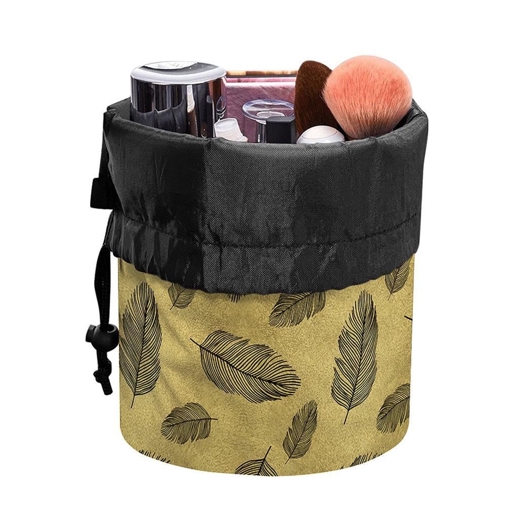 Black And Gold Feather Pattern Print Drawstring Makeup Bag