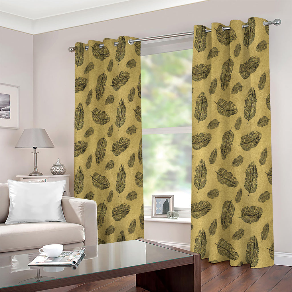 Black And Gold Feather Pattern Print Extra Wide Grommet Curtains