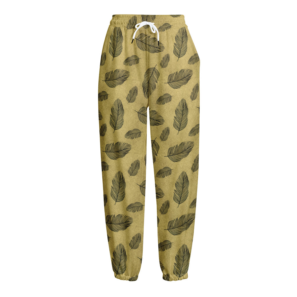 Black And Gold Feather Pattern Print Fleece Lined Knit Pants