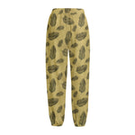 Black And Gold Feather Pattern Print Fleece Lined Knit Pants