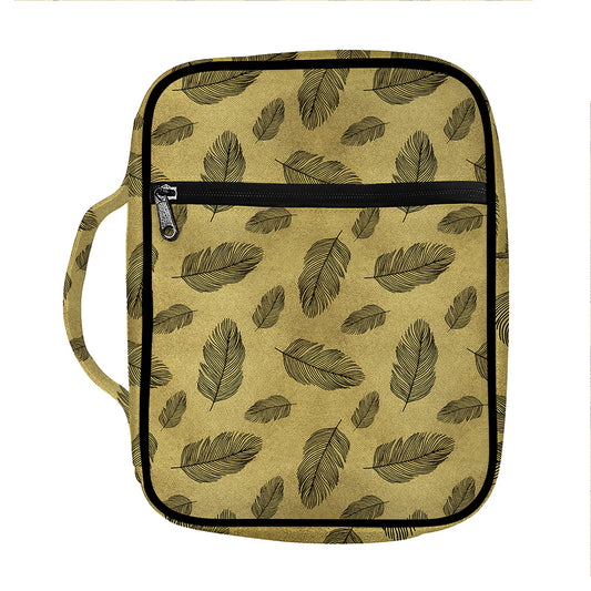 Black And Gold Feather Pattern Print Front Pocket Bible Bag
