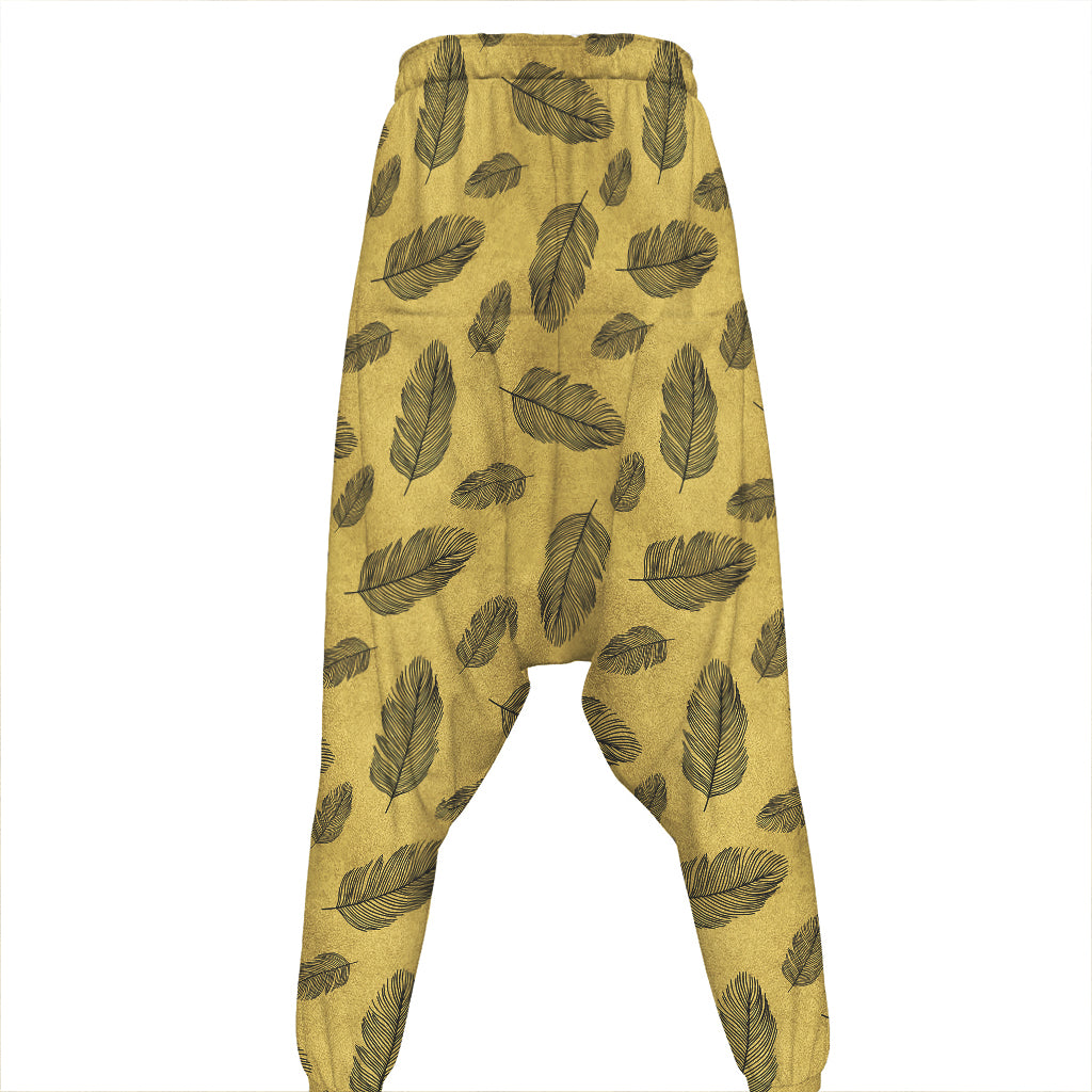 Black And Gold Feather Pattern Print Hammer Pants
