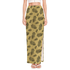 Black And Gold Feather Pattern Print High Slit Maxi Skirt