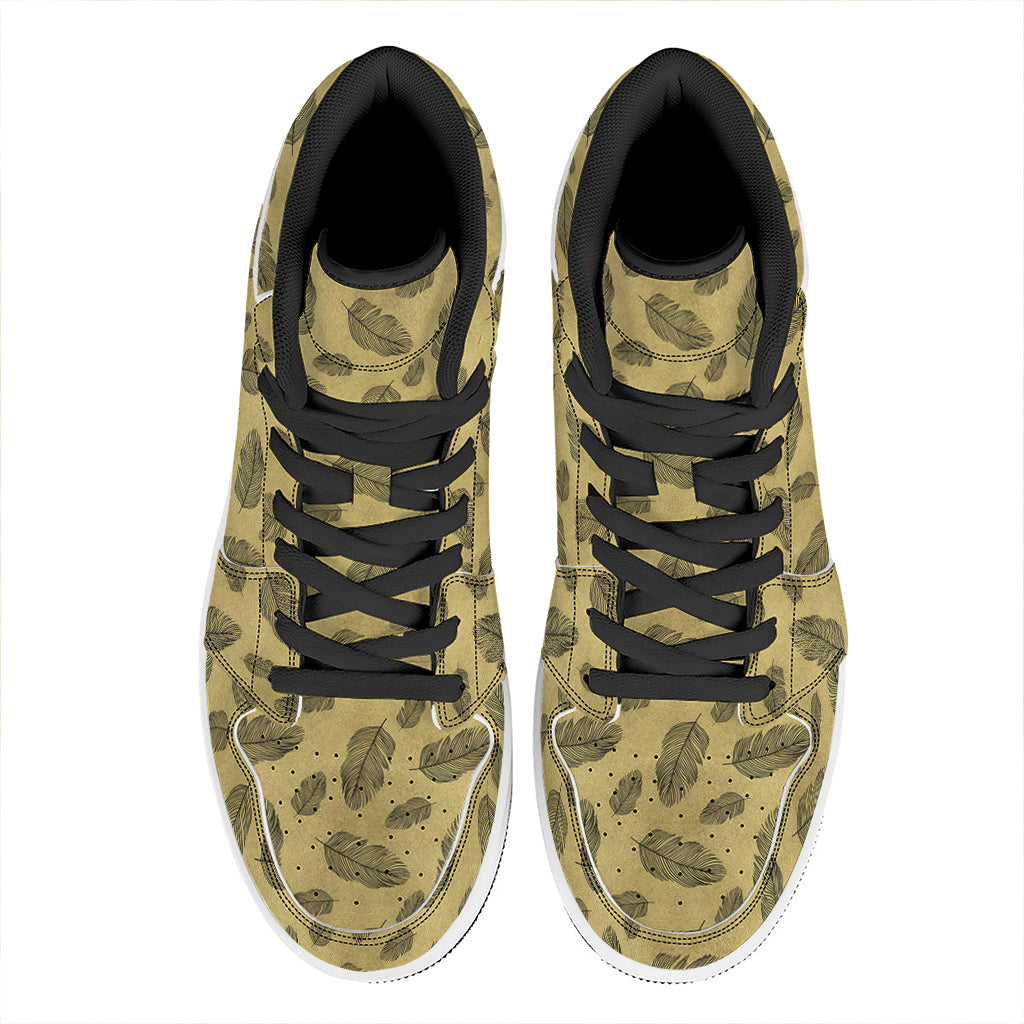 Black And Gold Feather Pattern Print High Top Leather Sneakers
