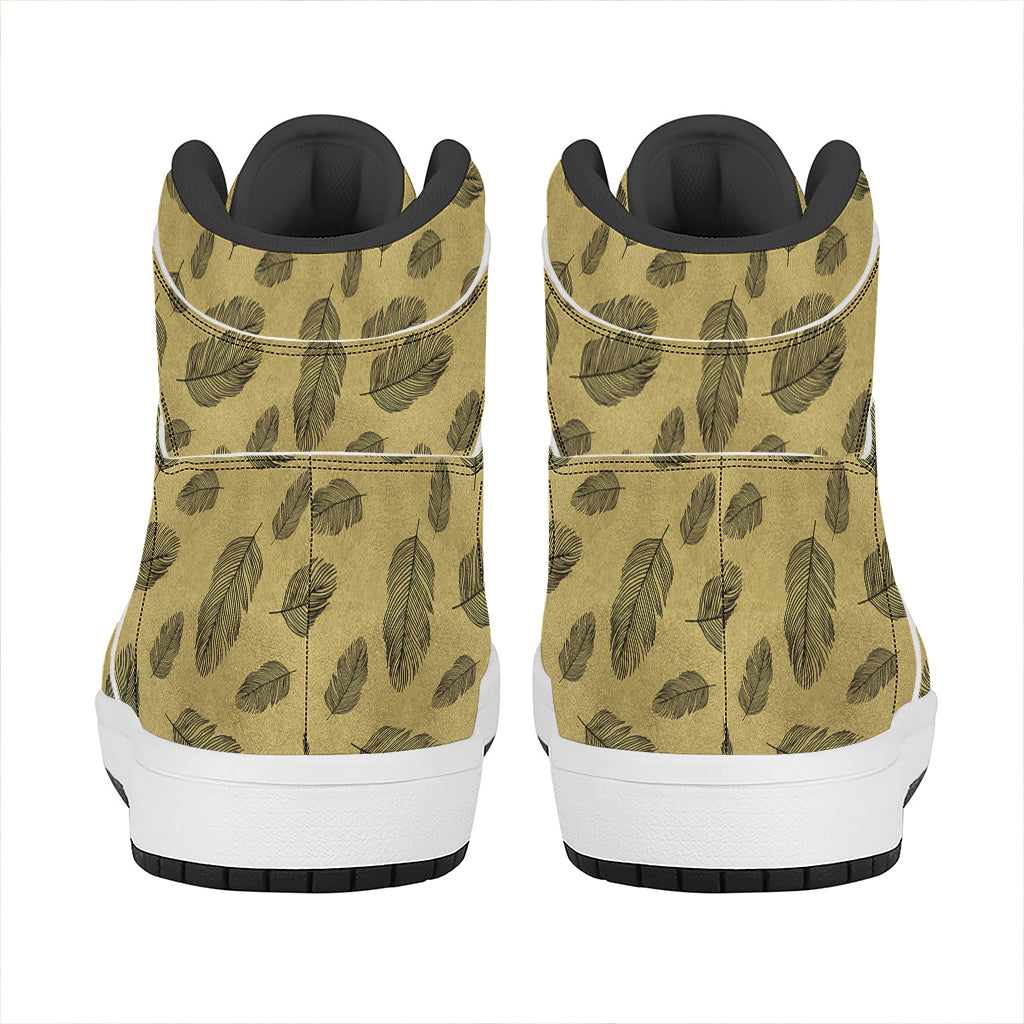 Black And Gold Feather Pattern Print High Top Leather Sneakers