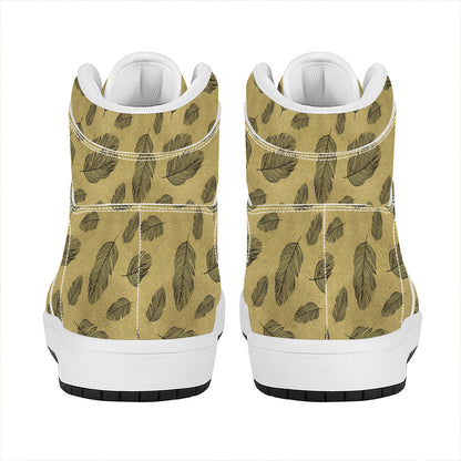 Black And Gold Feather Pattern Print High Top Leather Sneakers