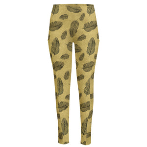 Black And Gold Feather Pattern Print High-Waisted Pocket Leggings