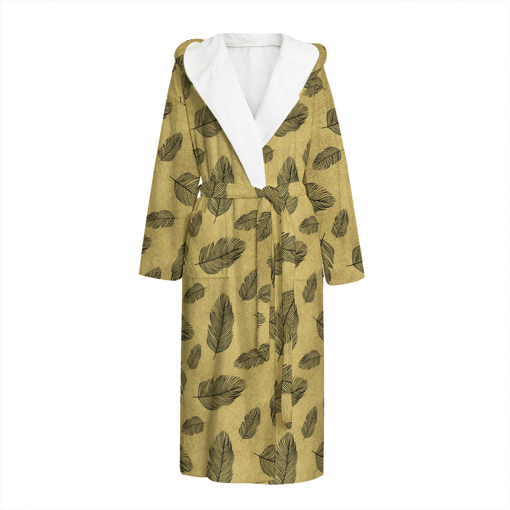 Black And Gold Feather Pattern Print Hooded Bathrobe