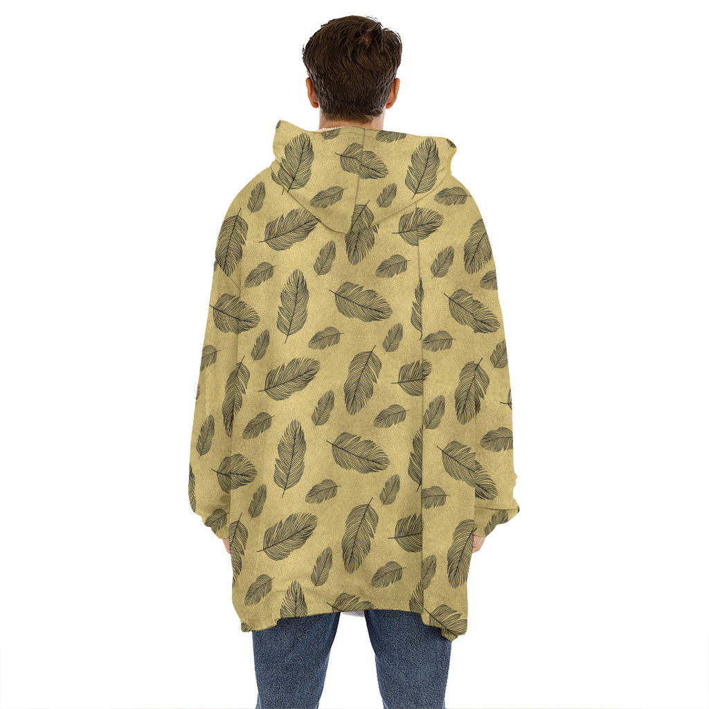 Black And Gold Feather Pattern Print Hoodie Blanket