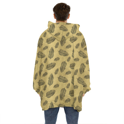 Black And Gold Feather Pattern Print Hoodie Blanket