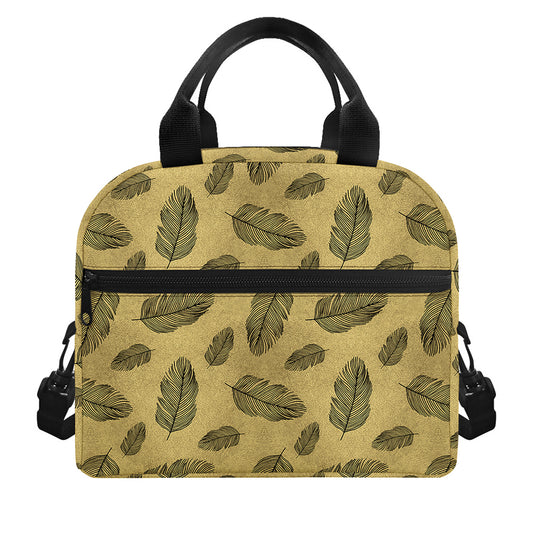 Black And Gold Feather Pattern Print Insulated Lunch Bag