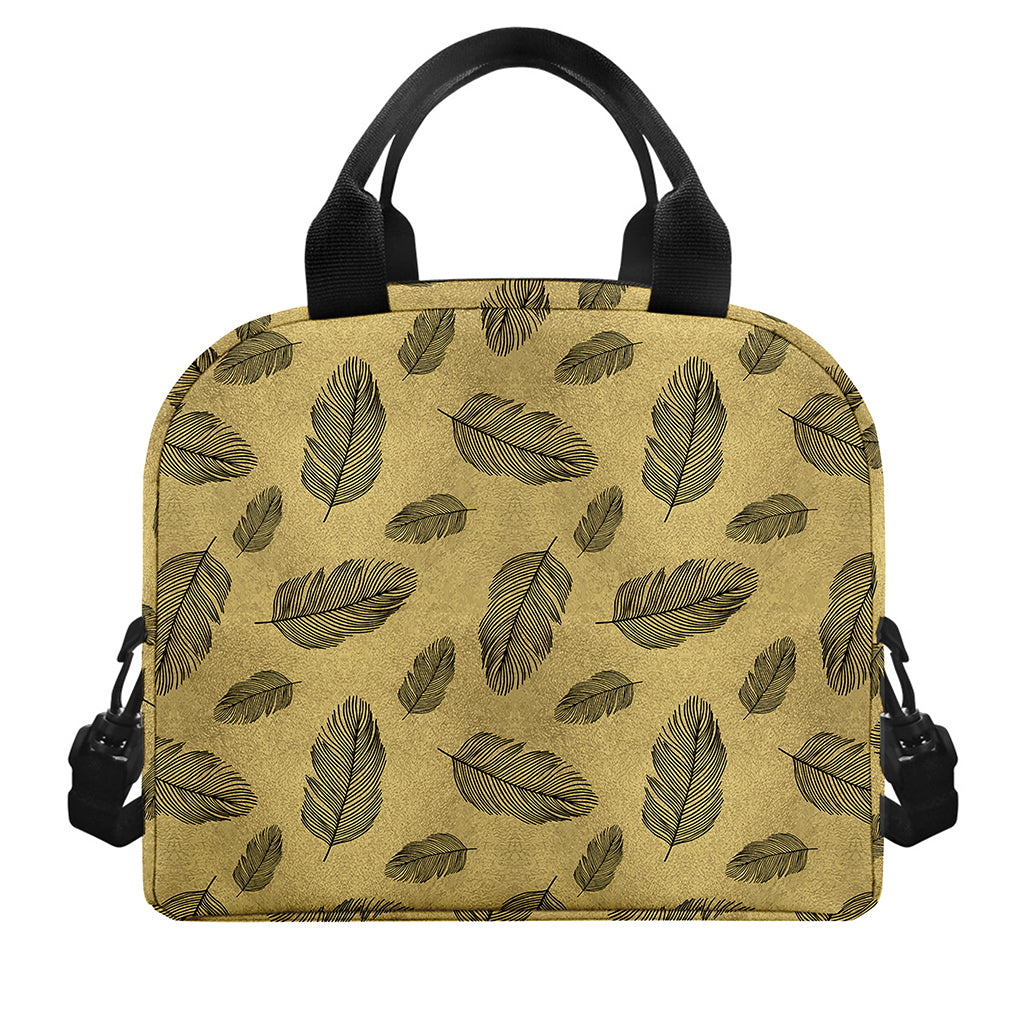 Black And Gold Feather Pattern Print Insulated Lunch Bag