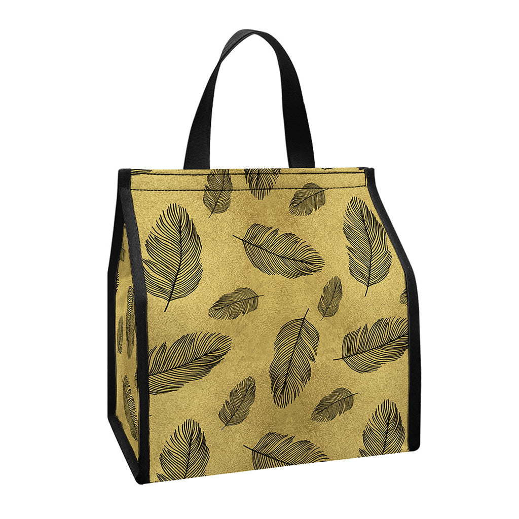 Black And Gold Feather Pattern Print Insulated Lunch Tote