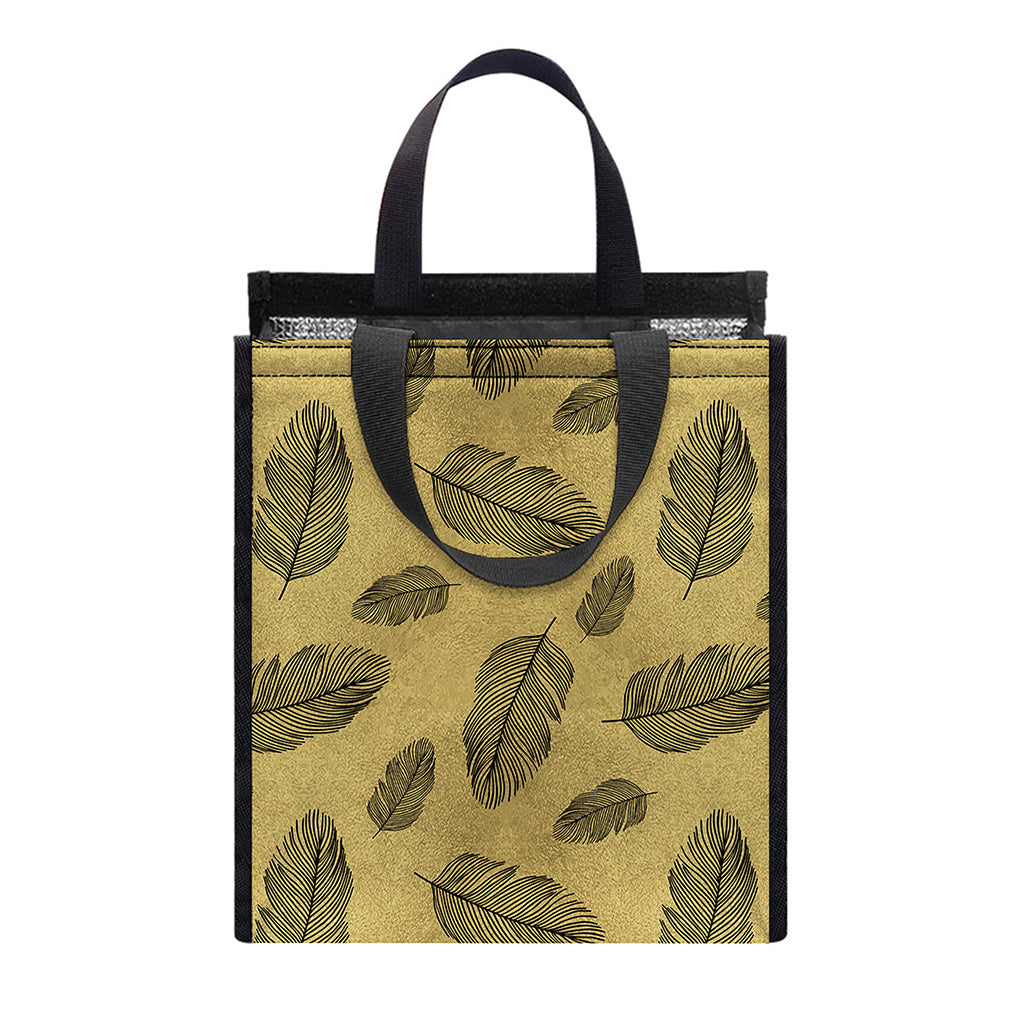 Black And Gold Feather Pattern Print Insulated Lunch Tote