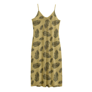 Black And Gold Feather Pattern Print Jersey Midi Cami Dress