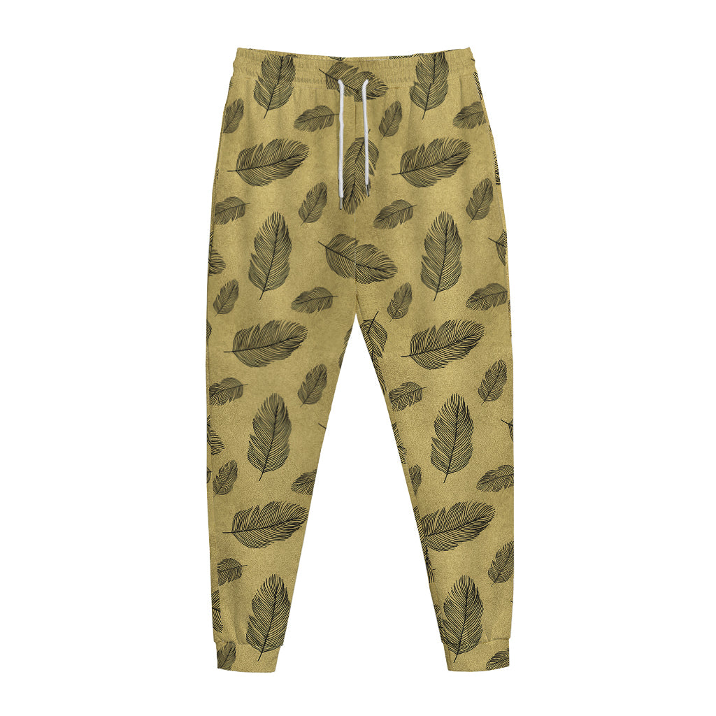 Black And Gold Feather Pattern Print Jogger Pants