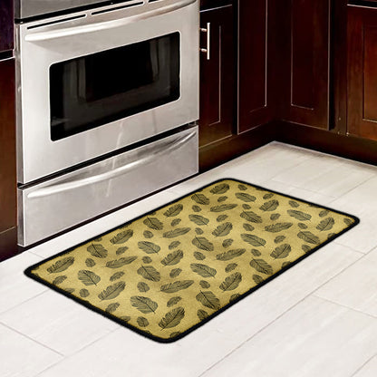 Black And Gold Feather Pattern Print Kitchen Mat