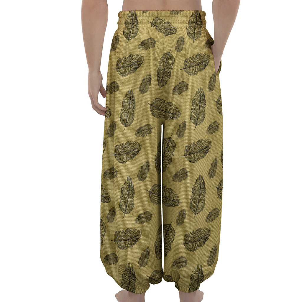 Black And Gold Feather Pattern Print Lantern Pants