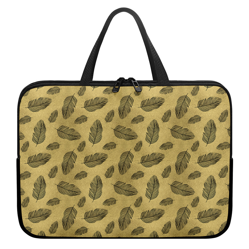 Black And Gold Feather Pattern Print Laptop Sleeve With Handle