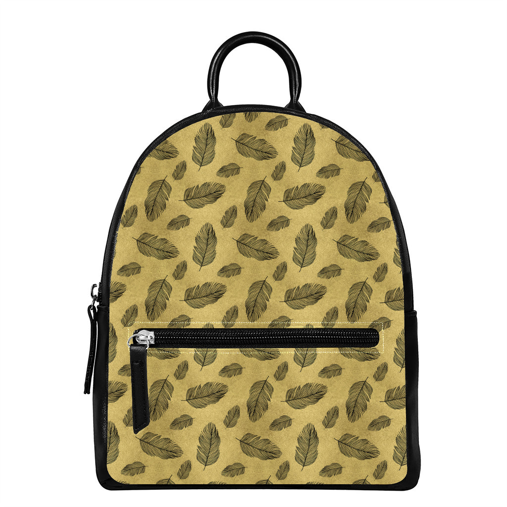 Black And Gold Feather Pattern Print Leather Backpack