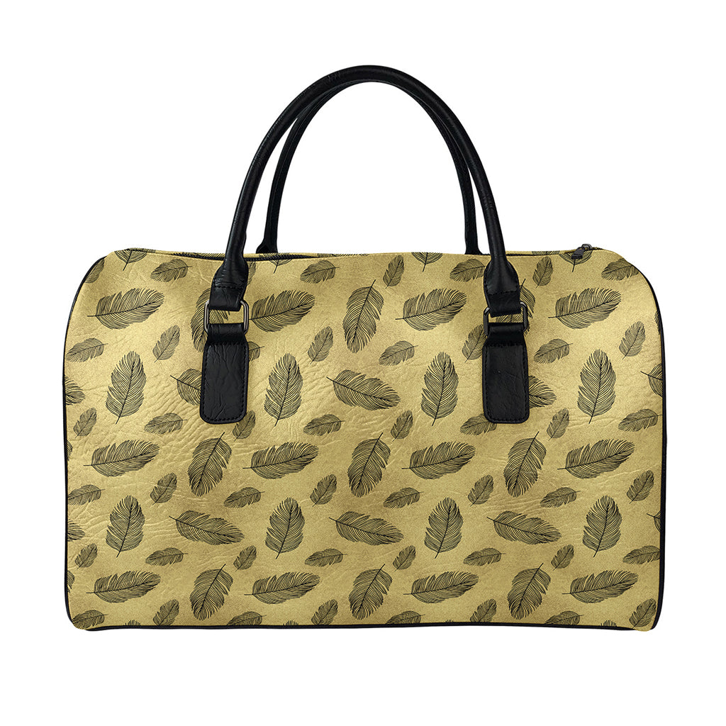 Black And Gold Feather Pattern Print Leather Duffle Bag