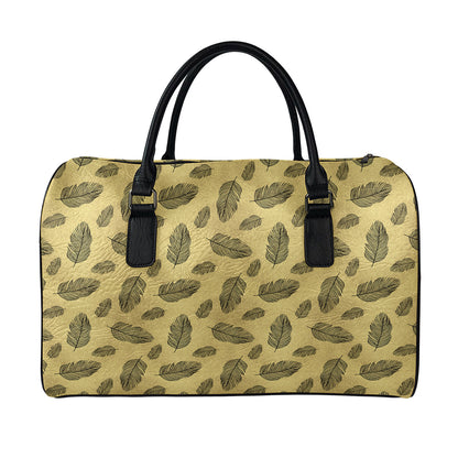 Black And Gold Feather Pattern Print Leather Duffle Bag