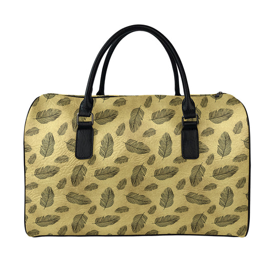 Black And Gold Feather Pattern Print Leather Duffle Bag