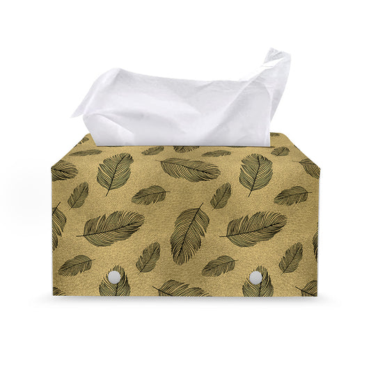 Black And Gold Feather Pattern Print Leather Tissue Box Cover