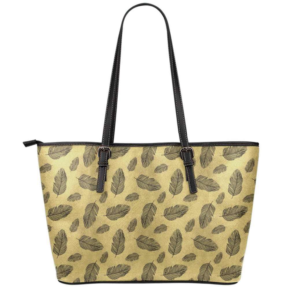 Black And Gold Feather Pattern Print Leather Tote Bag