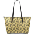 Black And Gold Feather Pattern Print Leather Tote Bag With Zipper