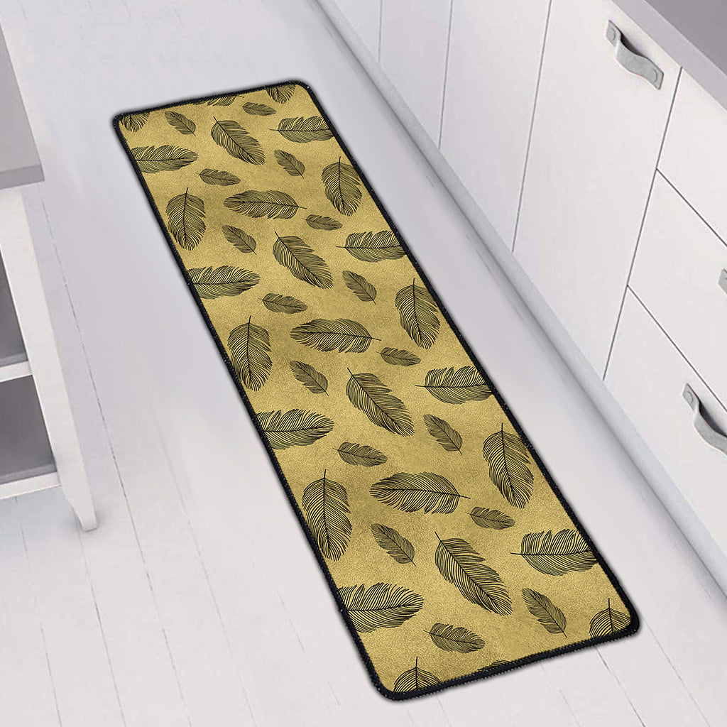 Black And Gold Feather Pattern Print Long Kitchen Mat