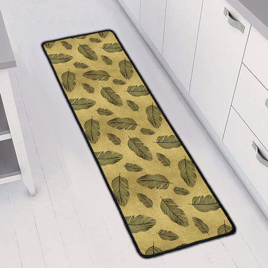 Black And Gold Feather Pattern Print Long Kitchen Mat