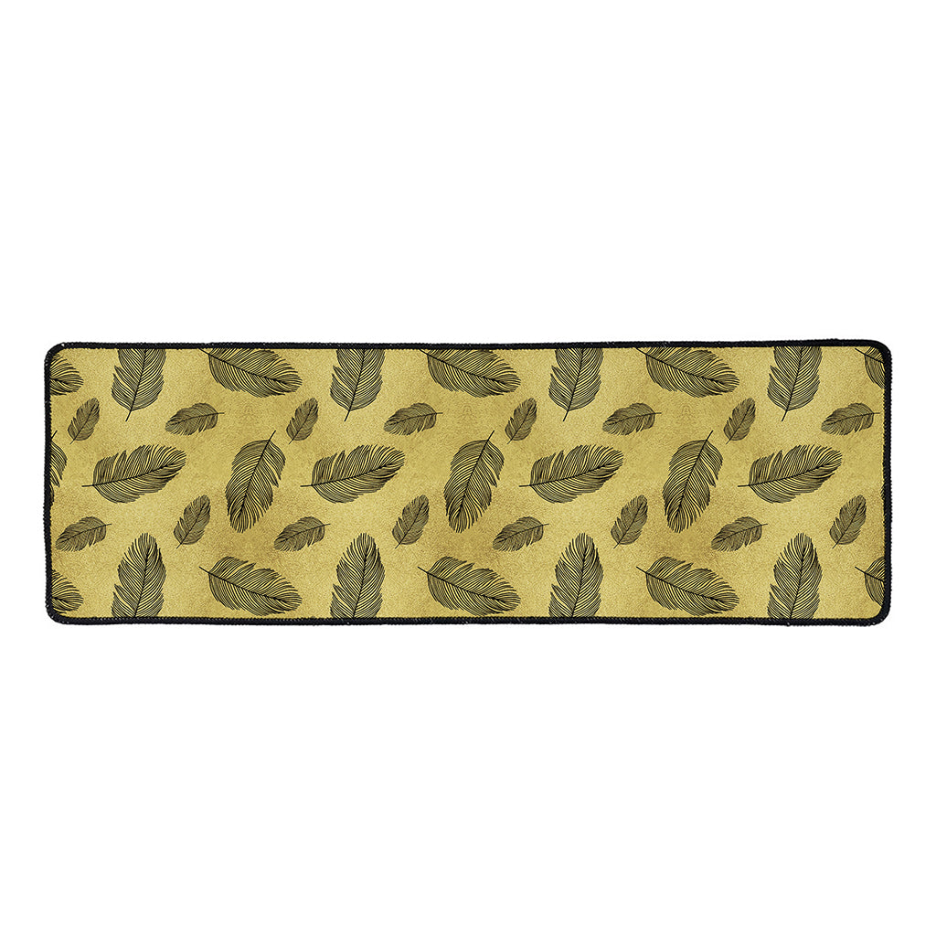 Black And Gold Feather Pattern Print Long Kitchen Mat