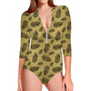 Black And Gold Feather Pattern Print Long Sleeve Swimsuit