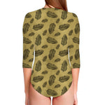 Black And Gold Feather Pattern Print Long Sleeve Swimsuit