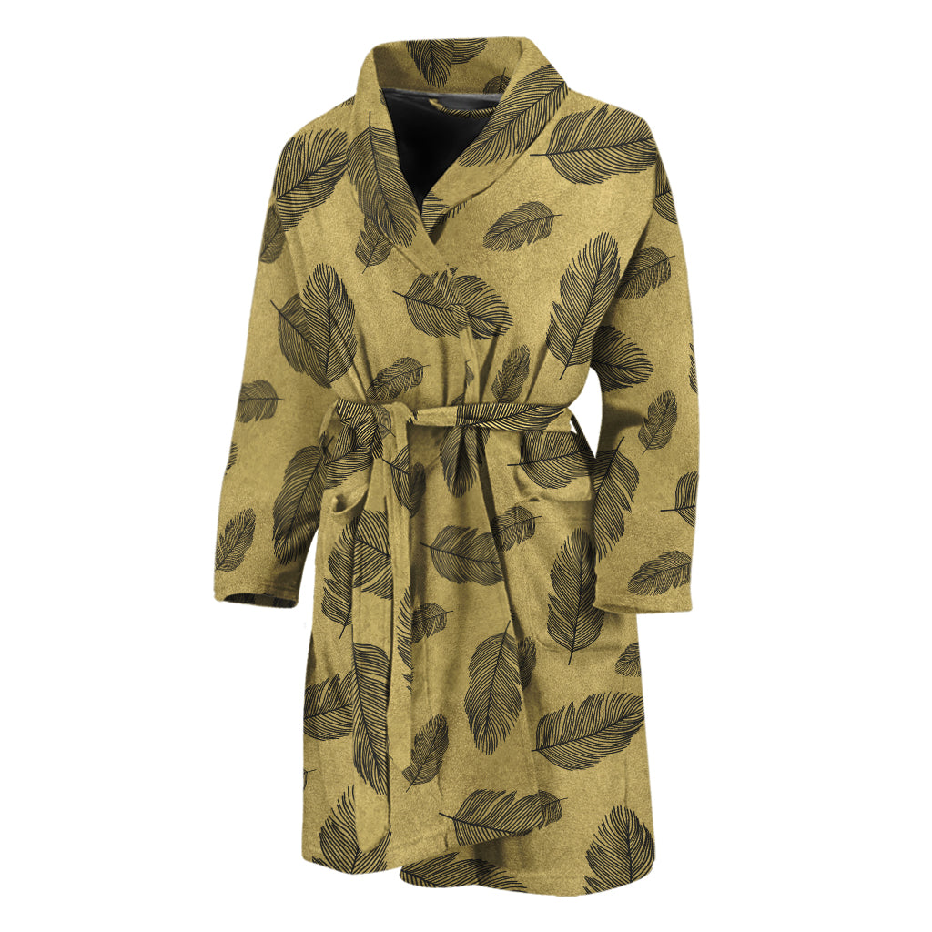Black And Gold Feather Pattern Print Men's Bathrobe