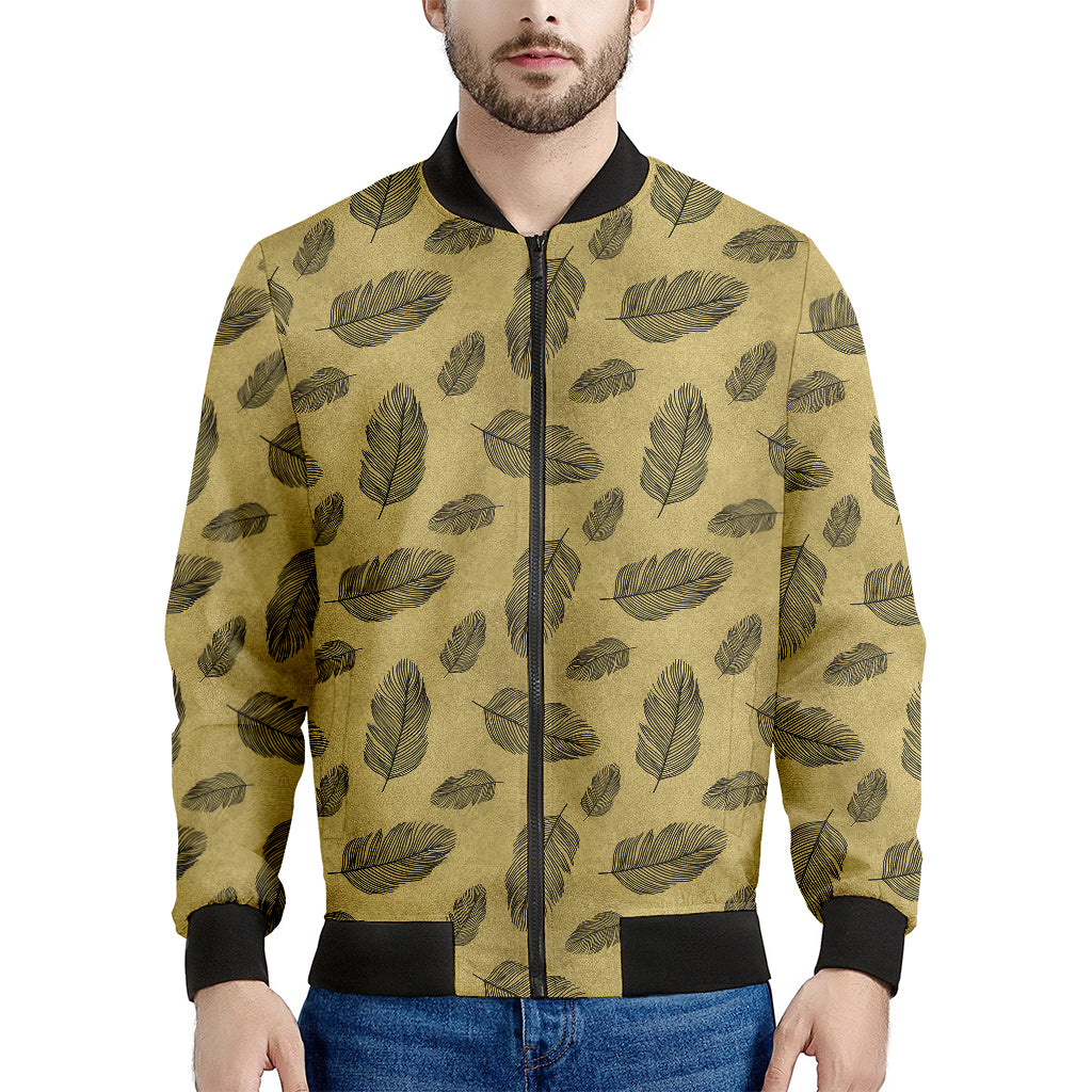 Black And Gold Feather Pattern Print Men's Bomber Jacket