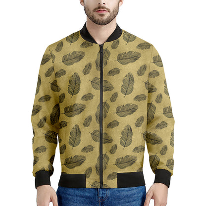 Black And Gold Feather Pattern Print Men's Bomber Jacket