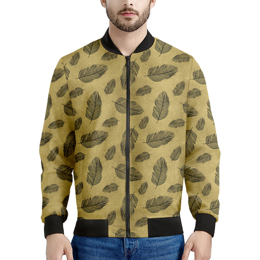 Black And Gold Feather Pattern Print Men's Bomber Jacket