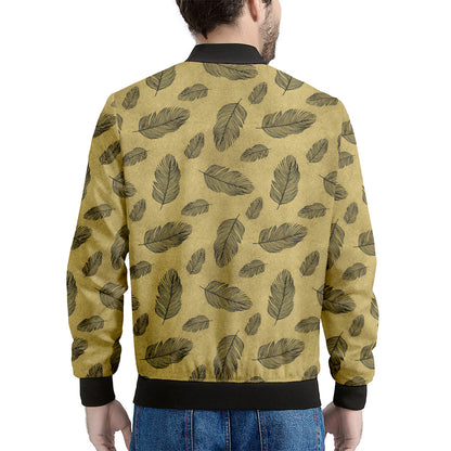 Black And Gold Feather Pattern Print Men's Bomber Jacket
